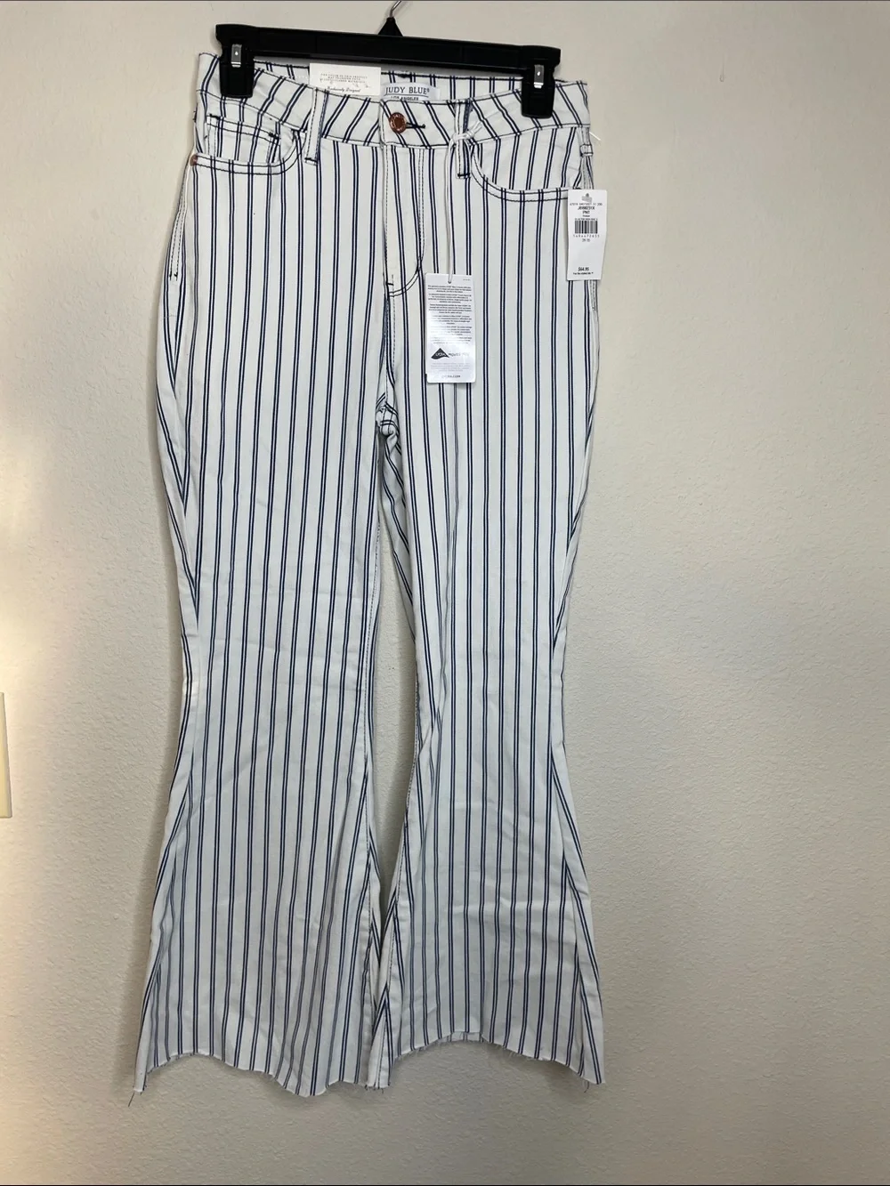 Judy Blue | High Rise Navy Pinstripe Flare Jeans Raw Hem Boho Western Size 26